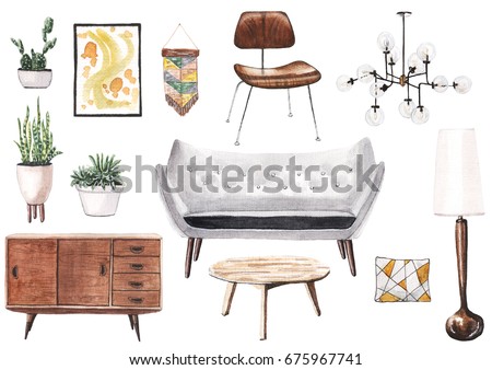 Realistic hand painted watercolor illustration of mid-century furniture. Wooden commode and coffee table, wooden chair, house plants in pots, glass cosmic chandelier, gray sofa, wall decor.