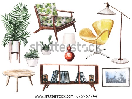 Realistic hand painted watercolor illustration of mid-century furniture. Wooden rack with vinyl and coffee table, yellow chair, retro red table lamp, floor lamp and house plants in pots.