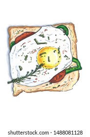 Realistic hand-drawn illustration of a toast with fried egg, green pepper, red tomatoes, spices, and herbs on white background. Breakfast and snacks menu art