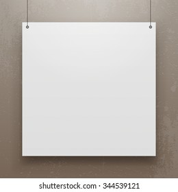 Realistic Hanging Paper Sheet Square Mockup. Editable Poster Template For Your Art, Banner, Gallery Or Other Content.