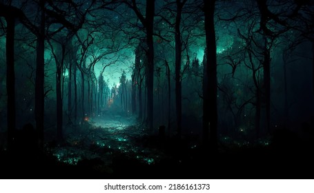 Realistic Haunted Forest Creepy Landscape At Night. Fantasy Halloween Forest Background. Surreal Mysterious Atmospheric Woods Design Backdrop. Digital Art.