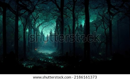 Realistic haunted forest creepy landscape at night. Fantasy Halloween forest background. Surreal mysterious atmospheric woods design backdrop. Digital art. Foto d'archivio © 