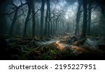 Realistic haunted spooky forest, creepy landscape at night. Fantasy Halloween forest background. Surreal mysterious atmospheric woods design backdrop.  3D illustration.