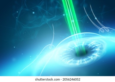 Realistic human eye hologram and medical laser beam. The concept of laser eye surgery, vision, catheract, ostegmatism, modern ophthalmologist. 3D illustration, 3D render.