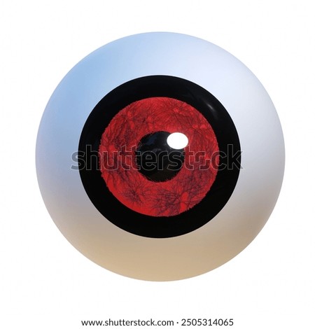 Realistic human eyeball with red iris on white background.