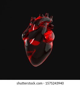 Realistic Human Heart Organ With Arteries And Aorta 3d Rendering. Happy Valentines Day Greeting Card. Romantic Background. Dark Red Glass  Heart