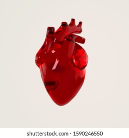 Realistic Human Heart Organ With Arteries And Aorta 3d Rendering. Happy Valentines Day Greeting Card. Romantic Background. Red Transparent Glass Heart