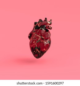 Realistic Human Heart Organ With Arteries And Aorta 3d Rendering. Happy Valentines Day Greeting Card. Romantic Background. Red And Golden Marble Glass Heart