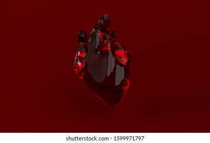 Realistic Human Heart Organ With Arteries And Aorta 3d Rendering. Happy Valentines Day Greeting Card. Romantic Background. Red Cracked Glass Heart