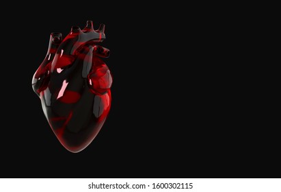 Realistic Human Heart Organ With Arteries And Aorta 3d Rendering. Happy Valentines Day Greeting Card. Romantic Background. Red Transparent Glass Heart