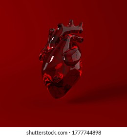 Realistic Human Heart Organ With Arteries And Aorta 3d Rendering. Happy Valentines Day Greeting Card. Romantic Background. Red Cracked Glass Heart