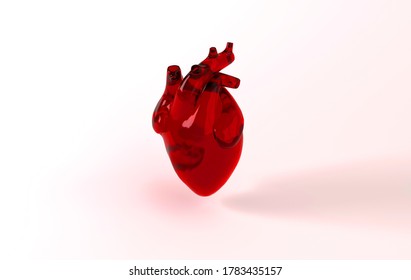 Realistic Human Heart Organ With Arteries And Aorta 3d Rendering. Happy Valentines Day Greeting Card. Romantic Background. Red Transparent Glass Heart