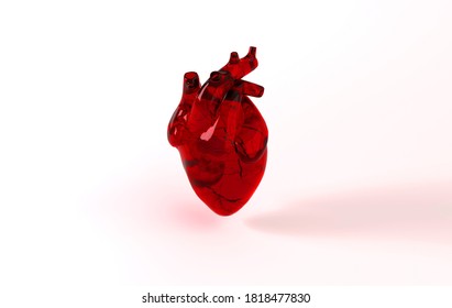 Realistic Human Heart Organ With Arteries And Aorta 3d Rendering. Happy Valentines Day Greeting Card. Romantic Background. Red Cracked Glass Heart