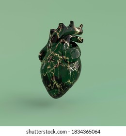 Realistic Human Heart Organ With Arteries And Aorta 3d Rendering. Happy Valentines Day Greeting Card. Romantic Background. Green And Golden Marble Glass Heart