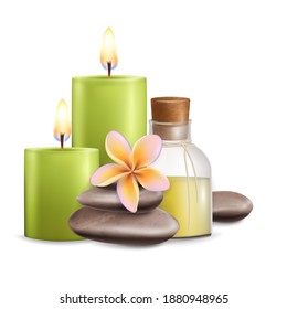 realistic illustration of aroma candles, massage stones, oil bottle, frangipani flower. Spa business, wellness and spa salon composition for poster, banner, flyer etc. - Powered by Shutterstock