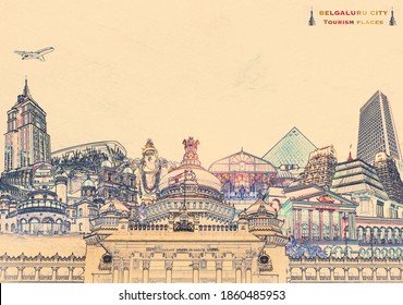 Realistic Illustration Of Bangalore, Bengaluru Tourist Places Composed In Single Image City Tourism, Karnataka, India 