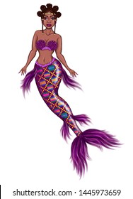 Realistic Illustration Of A Beautiful Black Mermaid. Afro American. Bra In The Form Of Purple Shells With A Pearl. Lower Tail In The Form Of Graphical Kente Cloth. African Patterns, Texture.