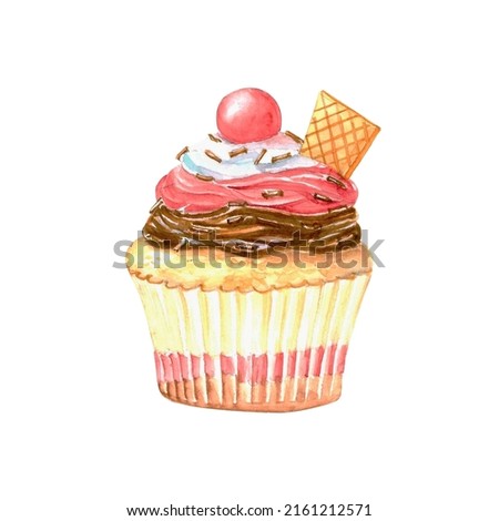 Realistic illustration of a cake with vanilla, chocolate, berry cream and waffle.Hand drawn watercolor sweet food art. Delicious dessert in pink colors on white background.