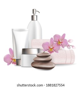 realistic illustration of cosmetics and skincare products, massage stones, orchid flowers and towels. Spa and beauty salon composition for poster, banner, flyer, business card etc. - Powered by Shutterstock