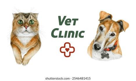 Realistic illustration of a cute cat and dog with a red cross, heart, and Vet Clinic text. Perfect for pet products, veterinary clinics, pet stores and animal healthcare branding. White background - Powered by Shutterstock