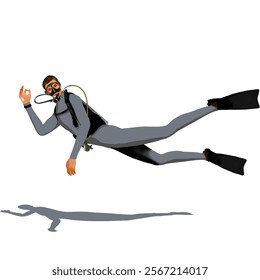 Realistic illustration of male scuba diver with white background