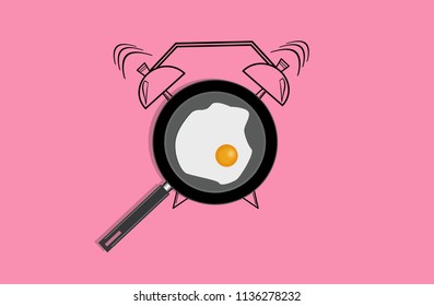 Realistic Illustration Of Pan With Fried Egg And Hand Drawn Alarm Clock On Pink Background. Top View.