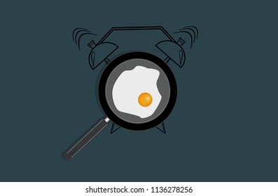 Realistic Illustration Of Pan With Fried Egg And Hand Drawn Alarm Clock On Dark Gray Background. Top View.