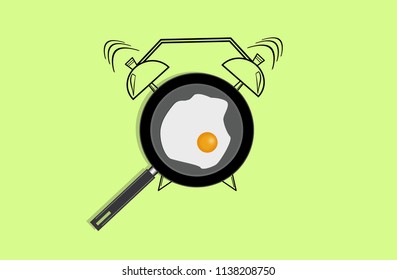 Realistic Illustration Of Pan With Fried Egg And Hand Drawn Alarm Clock On Light Green Background. Top View.