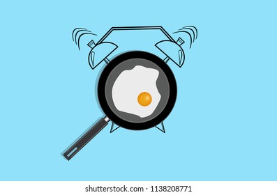 Realistic Illustration Of Pan With Fried Egg And Hand Drawn Alarm Clock On Light Blue Background. Top View.