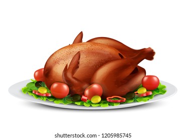  realistic illustration of roasted turkey or grilled chicken with spices and vegetables, tomatoes, lettuce, olives, isolated on background. Traditional food for Christmas or Thanksgiving day - Powered by Shutterstock