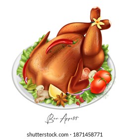 Realistic illustration roasted turkey grilled. Fall holiday food concept. Traditional food for Christmas or Thanksgiving day, roast turkey on white background - Powered by Shutterstock