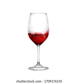 Realistic illustration of wineglass. Glass of red wine isolated on white. Hand drawn alcohol beverage. Design element for bar and restaurant menu, recipes, flyers.
