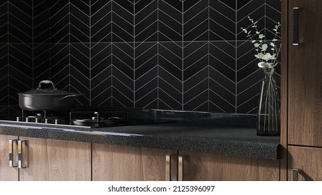 Realistic Interior 3D Render, Modern Kitchen, Granite Countertop, Black Graphic Pattern Wall Tiles, Cooking Stove With Empty Space For Household Product Display. Perspective, Mock Up, Background.