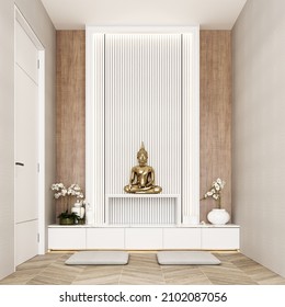 Realistic Interior 3d Rendering Modern Buddha Prayer Room And Feature Wall Wood And White Color With Sunlight From Window 