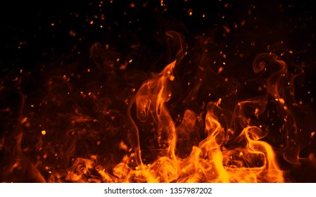 Realistic Isolated Fire Effect For Decoration And Covering On Black Background. Concept Of Particles , Sparkles, Flame And Light.