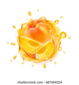 Realistic juice splash with peach fruit.  The raster version.