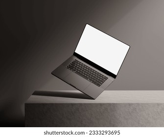 Realistic Laptop Mockup white blank screen with realistic light and shadow overlay on concrete dark scene 3D illustration Realistic rendering.