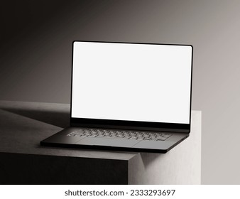 Realistic Laptop Mockup white blank screen with realistic light and shadow overlay on concrete dark scene 3D illustration Realistic rendering.