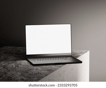 Realistic Laptop Mockup white blank screen with realistic light and shadow overlay on concrete dark scene 3D illustration Realistic rendering.