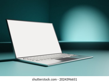 Realistic Laptop Model. Laptop With White Screen. Notebook On A Dark Background. Laptop Model For Software Demonstration. Visualization Modern Computer. Notebook For Software Advertising. 3d Image