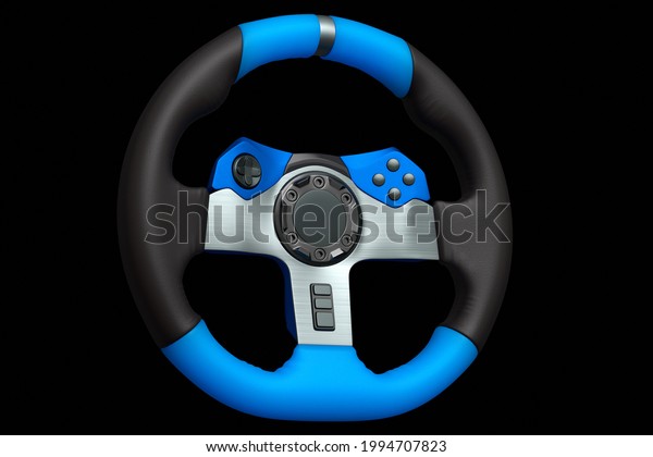 Realistic leather steering wheel isolated on a\
black background. 3D rendering of streaming gear for cloud gaming\
and racing or gamer workspace\
concept
