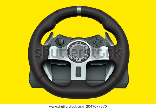Realistic leather steering wheel\
isolated on a yellow background. 3D rendering of streaming gear for\
cloud gaming and racing or gamer workspace\
concept