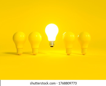 Realistic Light Bulb 3d Rendering. Turned Off And Glowing Lamps On Yellow Background. Creative Idea And Innovation Lightbulb 3d Business And Electricity Interior Lights Decorations Minimal Concept.