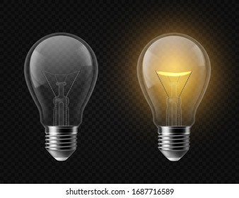 Realistic Light Bulb. Turned Off And Glowing Isolated Lamps. Creative Idea And Innovation Lightbulb 3d Business And Electricity Interior Lights Decorations Edison Lamp Concept