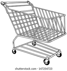 Realistic Line Drawing Of A Shopping Cart. Raster Illustration. Isolated Object.