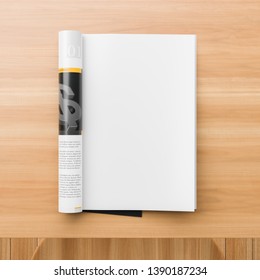 Realistic Magazine Or Catalog Mock Up On Wooden Table. Blank Magazine Page For Mockups. 3D Illustration.