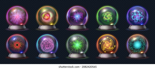 Realistic Magic Crystal Ball With Glowing Energy And Lightnings. Fortune Predict Sphere, Occult Glass Globe With Mystical Effects Set. Mystic Ball For Magician Or Fortune Teller