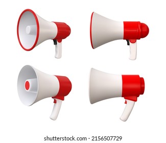 Realistic Megaphone, Promoter Trumpet, Loudspeaker 3d Render. Megafon For Sale Ad Or News Announce. Bullhorn For Voice Amplifier  Set. Item For Public Speaking, Protest And Marketing