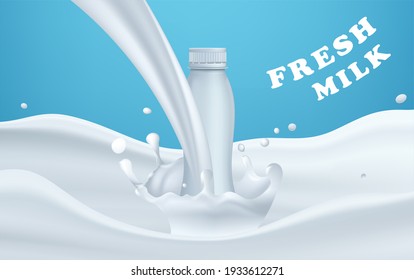 Realistic milk or yogurt bottle. Milk splash wave. Graphic concept for your design, 3d illustration 