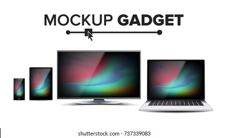 Realistic mockup gadget. Computer Monitors, Modern Laptop, Touch Tablet, Mobile Smart Phone. Isolated Illustration